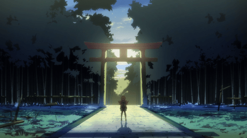 Owarimonogatari / Episode 10 / Shinobu stands in the center of the shrine's structure