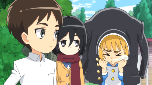 Shingeki! Kyojin Chuugakkou / Episode 2 / Eren and Mikasa bring a sneezing Armin to school