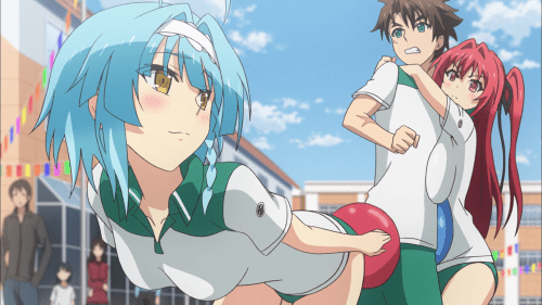 Shinmai Maou no Testament Burst / Episode 2 / Yuki using her butt and Mio using her chest to pop their own balloons on Basara