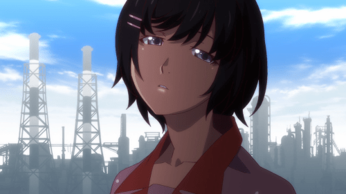 Owarimonogatari / Episode 4 / Hanekawa glaring at Ougi with a face that screams she has already had enough of the spooky girl