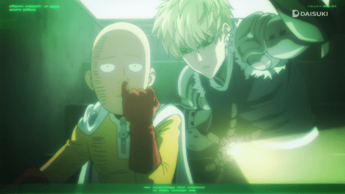 One Punch Man / Episode 3 / Saitama and Genos looking into one of the mad scientist's surveillance cameras