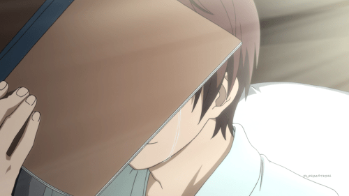 Noragami Aragoto / Episode 6 / Kazuma holding Bishamon's new Regalia journal over his face to hide his happy tears