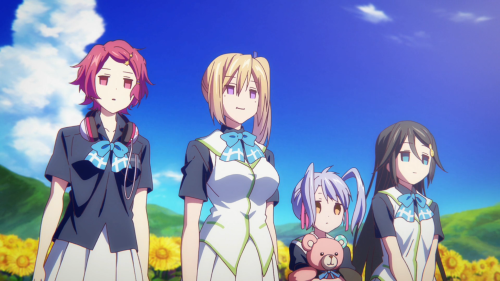 Musaigen no Phantom World / Episode 12 / Koito, Mai, Kurumi, and Reina staring blankly at the Sunflower Phantom for how easy it was to defeat him