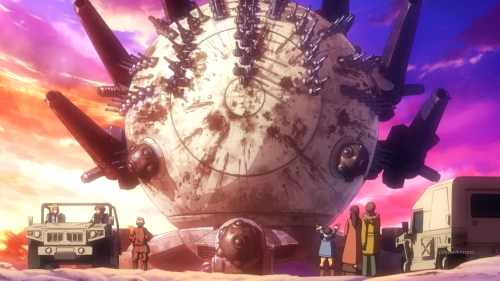 Heavy Object / Episode 22 / Qwenthur, Havia, and Ayami (the old lady and their mentor) next to Ayami's family and in front of the Baby Magnum