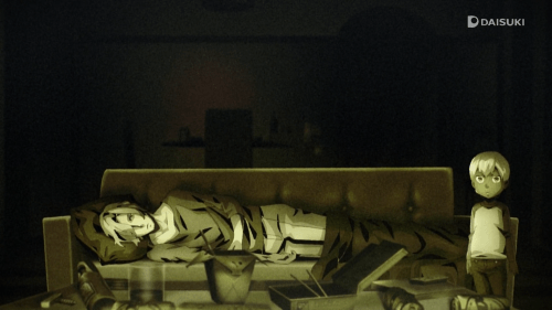 God Eater / Episode 12 / Johannes in ruin years after the death of his beloved as his son, Souma, stands nearby