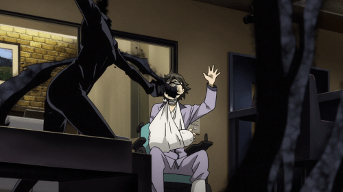 Durarara!!x2 Ketsu / Episode 1 / Celty filling Shinra's mouth with shadows