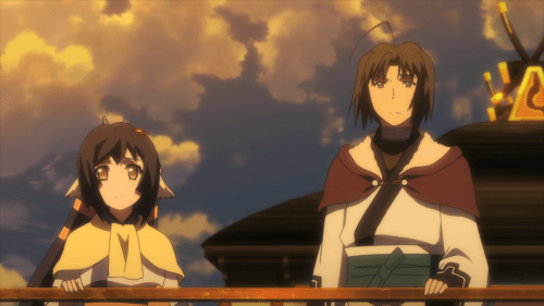 Utawarerumono: Itsuwari no Kamen / Episode 19 / Kuon and Haku riding a bot to Tousukuru