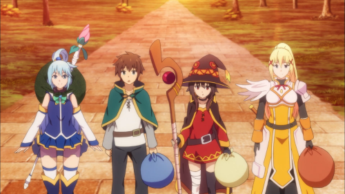 KonoSuba / Episode 8 / Aqua, Kazuma, Megumin, and Darkness arriving at the mansion in need of exorcising