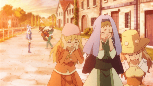 Konosuba / Episode 2 / Ladies overhearing Megumin talking about Kazuma's "erotic" treatment of her