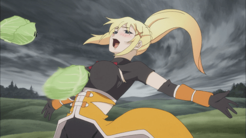 Konosuba / Episode 3 / Darkness blocking cabbages with her body