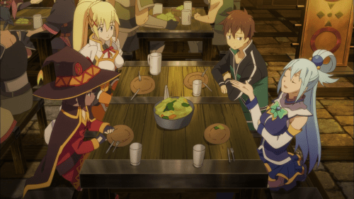 Konosuba / Episode 3 / Kazuma, Aqua, Megumin, and Darkness sitting down for dinner following the mass-cabbage attack