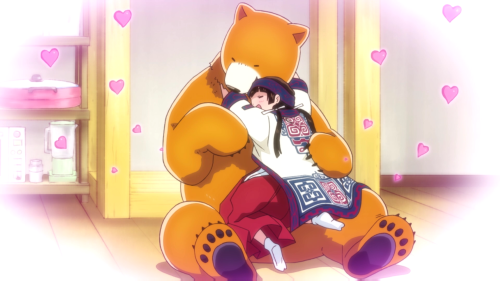Kuma Miko / Episode 2 / Machi and Natsu hugging one another