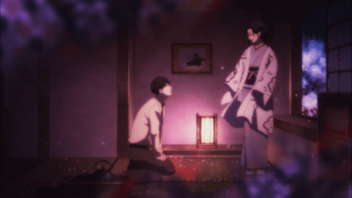 Shouwa Genroku Rakugo Shinjuu / Episode 9 / Bon kneeling before Miyokichi as she curses him