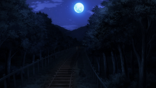 Mayoiga / Episode 7 / Masaki and Mitsumune walking hand-in-hand under a moonlit sky