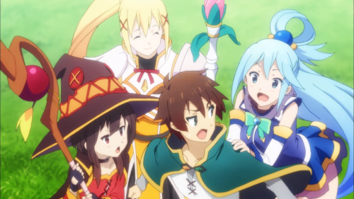 KonoSuba / Episode 7 / Kazuma, Aqua, Megumin, and Darkness together as friends