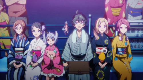 Musaigen no Phantom World / Episode 10 / Kikuko, Reina, Kurumi, Ruru, Haruhiko, Mai, and Koito enjoying fireworks together