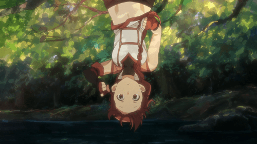 Hai to Gensou no Grimgar / Episode 1 / Yume hanging upside down from a tree