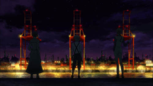 Bungou Stray Dogs / Episode 6 / Dazai, Atsushi, and Kunikida standing next to one another