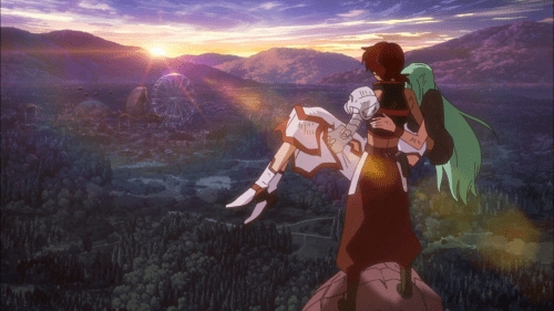 World Trigger / Episode 63 / Xeno holding Lilith in his arms as they look over at the amusement park