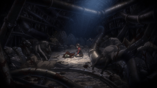 Koutetsujou no Kabaneri / Episode 6 / Mumei looking after Ikoma after he protected her