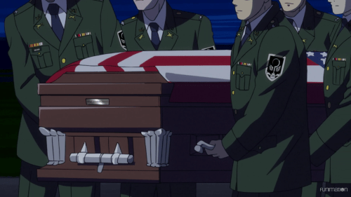 Concrete Revolutio: Choujin Gensou -- The Last Song / Episode 7 / Soldiers carrying a fallen comrade back home