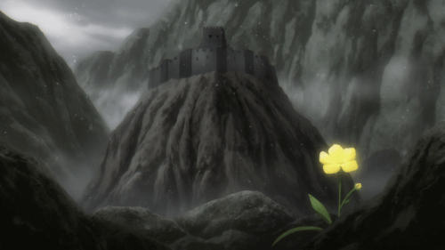 Nejimaki Seirei Senki: Tenkyou no Alderamin / Episode 8 / A lone flower behind which sits a defeated castle