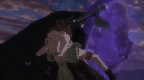 Berserk (2016) / Episode 5 / Guts protecting Isidro from a wheeling skeleton