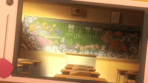 Amanchu! / Episode 5 / A chalkboard that Teko, Pikari, Ai, and Makoto drew and colored together