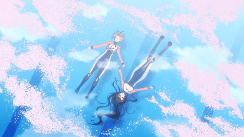 Amanchu! / Episode 2 / Teko and Pikari drifting in the cherry-blossom-petal-filled pool