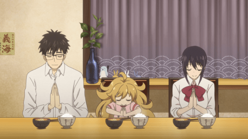 Amaama to Inazuma / Episode 2 / Kouhei, Tsumugi, and Kotori enjoying dinner together