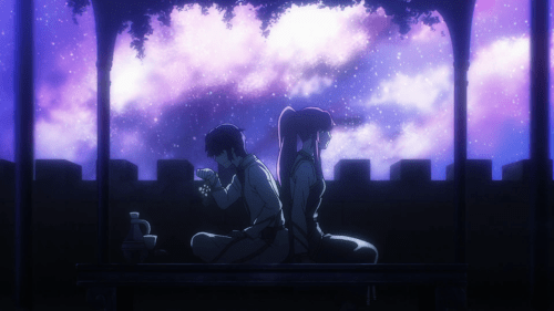 Nejimaki Seirei Senki: Tenkyou no Alderamin / Episode 2 / Ikta and Yatori sitting back-to-back per usual