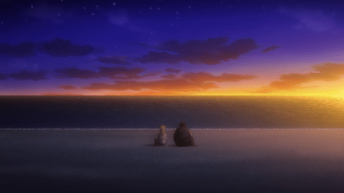 Demi-chan wa Kataritai / Episode 11 / Hikari and Takahashi-sensei sitting together on the beach