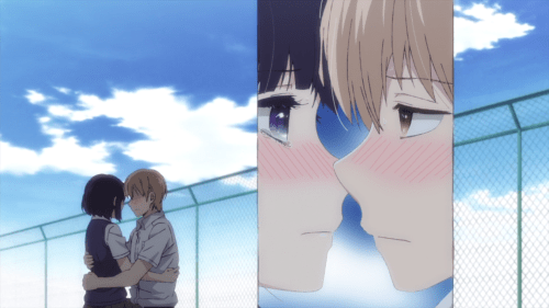 Kuzu no Honkai / Episode 5 / Hanabi and Mugi embracing each other on the rooftop with panel mode in effect
