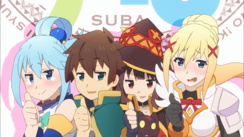 KonoSuba 2 / Episode 8 / Aqua, Kazuma, Megumin, and Darkness giving a thumbs up during the opening track