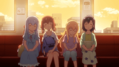 Gabriel DropOut / Episode 4 / Raphi, Satania, Gab, and Vigne napping on the subway ride home after a fun summer vacation together