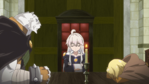 Zero kara Hajimeru Mahou no Sho / Episode 6 / Mercenary, Zero, and Albus talking at a table (with Thirteen out of view across from them)