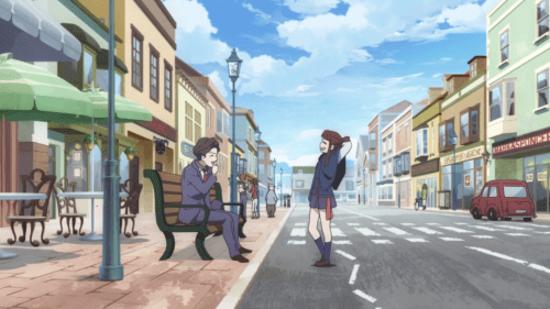 Little Witch Academia / Episode 22 / Andrew and Akko speaking with one another and laughing