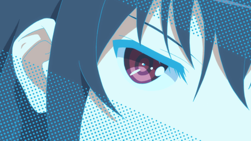 Saenai Heroine no Sodatekata ♭ / Episode 2 / Utaha with a dotted, colored foreground while talking with "Mr. Ethical" about criticisms