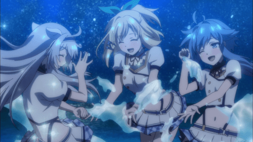 Rokudenashi Majutsu Koushi to Akashic Records / Episode 7 / Sisti, Rumia, and Re=L splashing water at night in a friendship-bonding moment