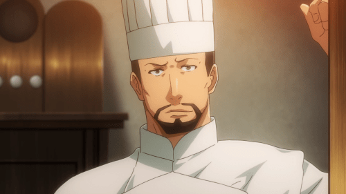 Isekai Shokudou / Episode 1 / Master warning some of the patrons of his restaurant about his policy on no violence