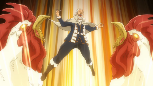 Isekai Shokudou / Episode 7 / Alphonse reacting with happiness and alongside a couple of roosters