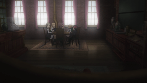 Princess Principal / Episode 4 / Ange, Princess, Beatrice, Chise, and Dorothy sitting at their clubhouse table together