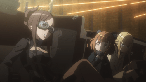 Princess Principal / Episode 12 / Dorothy, Beatrice, and Ange (in disguise) hiding behind their car during a skirmish