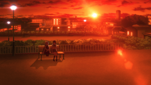Koi to Uso / Episode 4 / Igarashi speaking with Misaki on a park bench outside during a sunset