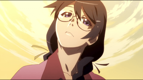 Koyomimonogatari / Episode 1 / Hanekawa speaking with Araragi about a stone statue