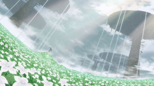 Made in Abyss / Episode 6 / Lyza's mining pick surrounded by a field of flowers