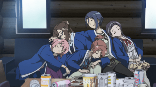 Sakura Quest / Episode 25 / Yoshino, Sanae, Shiori, Maki, and Riri exhausted after a fun celebration