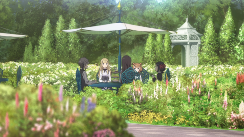 Princess Principal / Episode 1 / Ange, Charlotte, Dorothy, Beatrice, and Chise sitting together in the garden during tea time