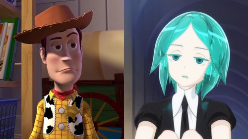 Toy Story (left) / Houseki no Kuni (right) / Woody and Phos not very amused with their situations
