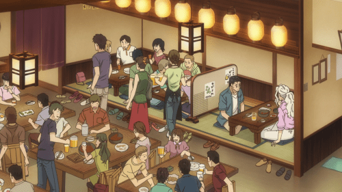 Koi wa Ameagari no You ni / Episode 9 / Mr. Kondou and Chihiro talking amidst a bustling restaurant